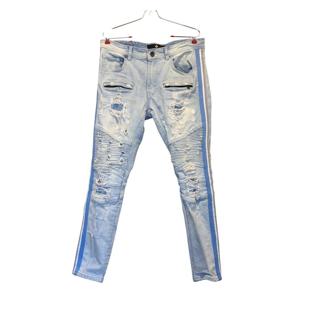 Focus Jeans Biker Moto Mens 34W 30L Light Wash Distressed Racing Stripe Skinny
